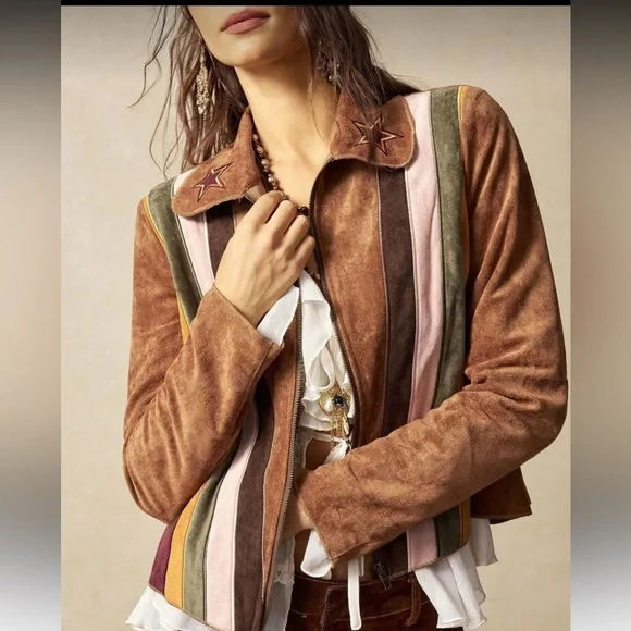 Brown vintage embroidered butterfly floral color block coat jacket tunic top - Picture 5 of 6